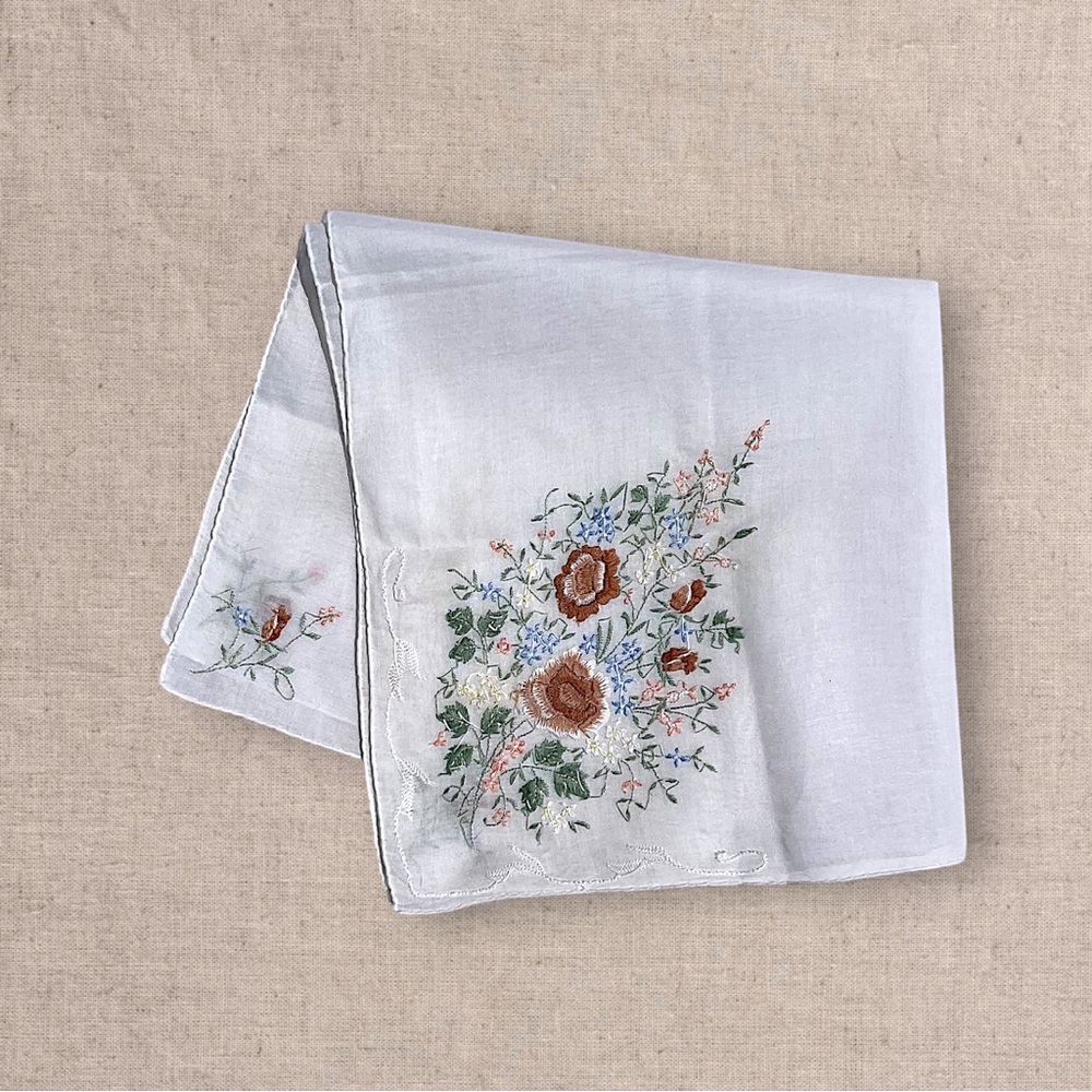 Embroidered Floral Linen Handkerchief - White with Rust & Green Bouquet